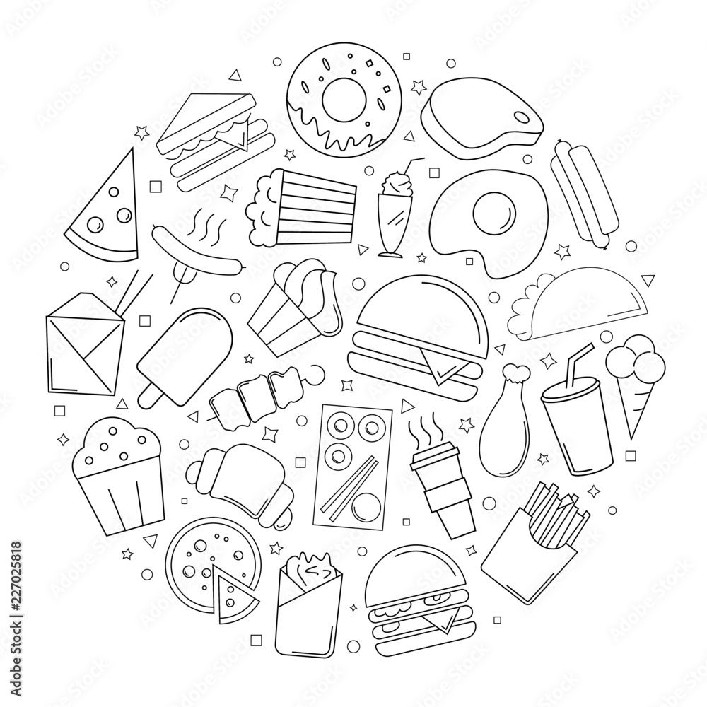Fotografie Fast food circle background from line icon