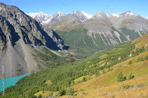 Russia  The Altai mountain tops of the North Chuya ridge and overlooking for the Large Shavlinskoe lake in clear weather from the top
