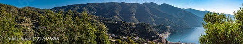 Panoramic view of mountains and ocean bay in Monterosso Al Mare village Italy