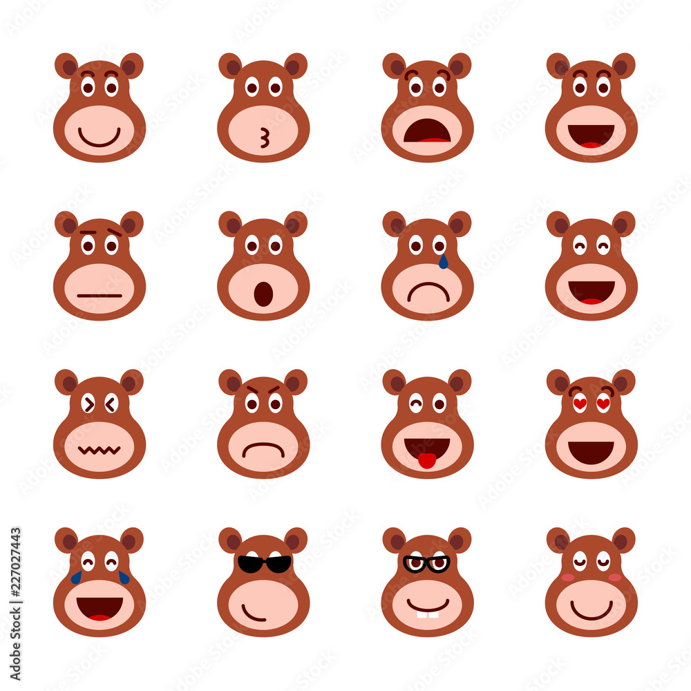 Emotion icons set, smile vector illustration. Different emotions bear character, icon isolated collection for chats and stickers. oncept for cards or banners Emotion icons set, smile vector illustration. Different emotions bear character, icon isolated collection for chats and stickers. oncept for cards or banners