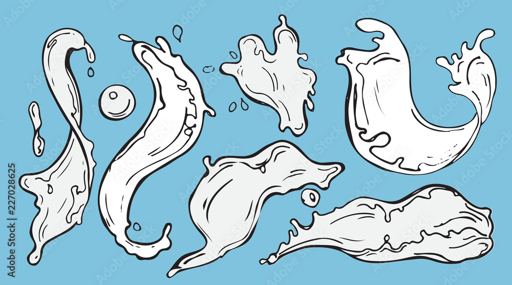 Sketch of milk splaches and dropes. Hand drawn white liquid blobs and