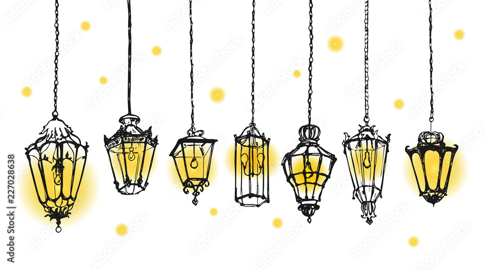 Old hanging lanterns sketch collection. drawn street lamps. Retro vintage lamp drawing. Stock | Adobe