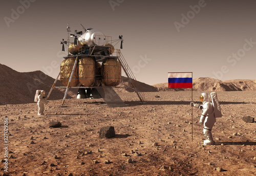 Fototapeta Naklejka Na Ścianę i Meble -  Astronauts Set An Russian Flag On The Planet Mars