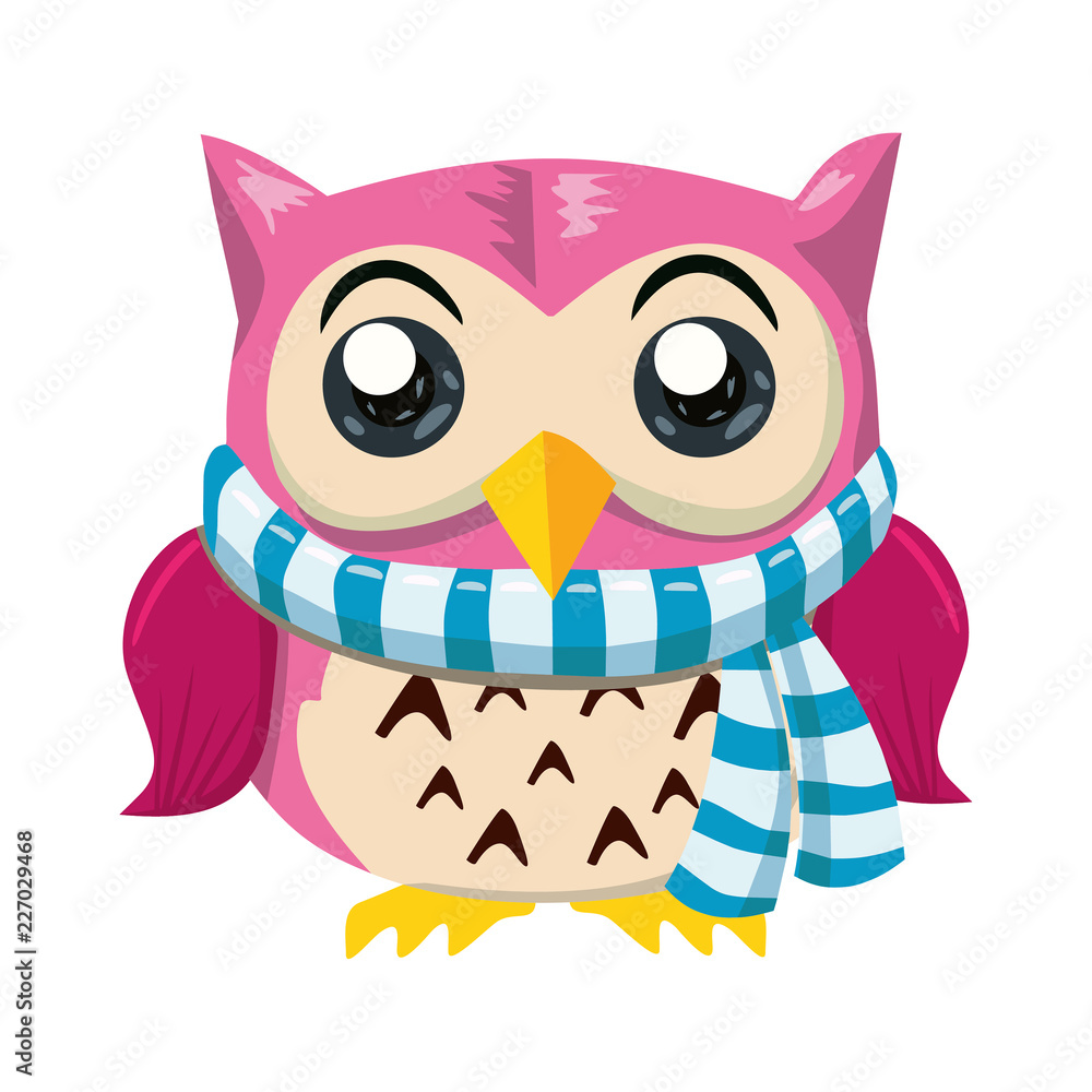 Pink Owl with Scarf Cartoon Character Isolated on White Vector Illustration. Postcard Pink Owl with Scarf Cartoon Character Isolated on White Vector Illustration. Postcard