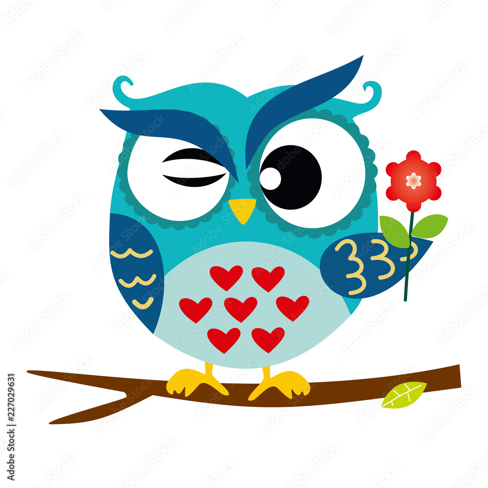 Blue Owl Sitting on a Branch with flower, Abstract Background, Cartoon  Character Isolated on White Vector Illustration EPS 10 Stock Vector | Adobe  Stock