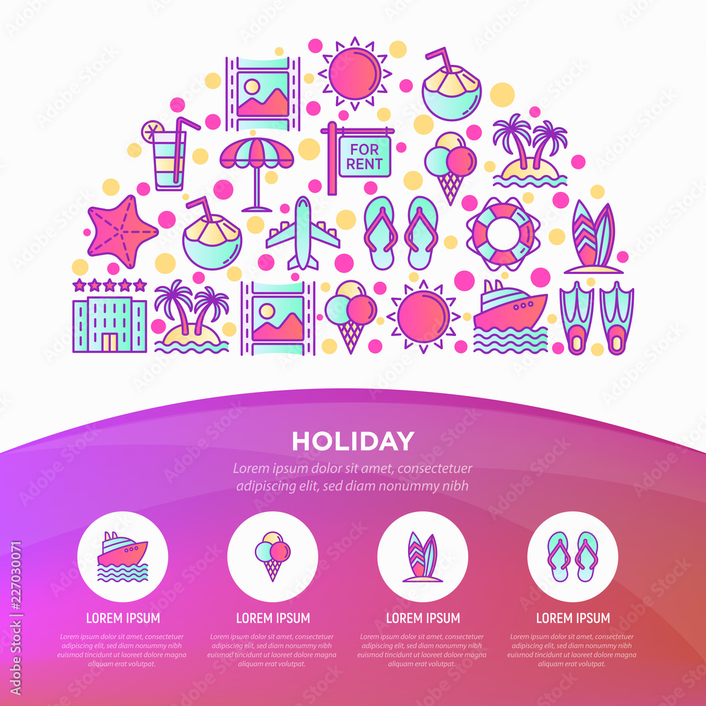 Holiday concept in half circle with thin line icons: sun, yacht, ice cream, surfing, hotel, beach umbrella, island, coconut drink, airplane, photo, lifebuoy. Vector illustration, web page template.