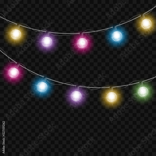 Festive garland lights on transparent background. Design element for Christmas greeting card, invitation or advertising poster
