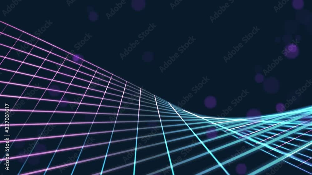 Technology grid background with copyspace. Futuristic 3D perspective with moving camera.