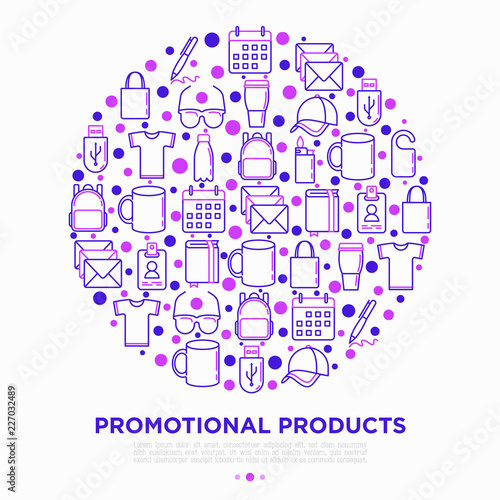 Promotional products concept in circle with thin line icons  notebook  tote bag  sunglasses  t-shirt  water bottle  pen  backpack  cup  hat  travel mug. Vector illustration  print media template.