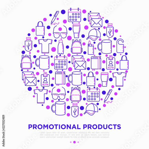 Promotional products concept in circle with thin line icons: notebook, tote bag, sunglasses, t-shirt, water bottle, pen, backpack, cup, hat, travel mug. Vector illustration, print media template.