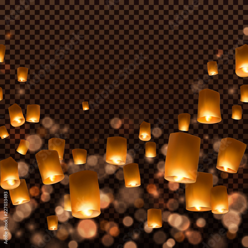 Lanterns isolated on transparent background. Diwali festival floating lamps. Vector indian paper flying lights with flame at night sky.