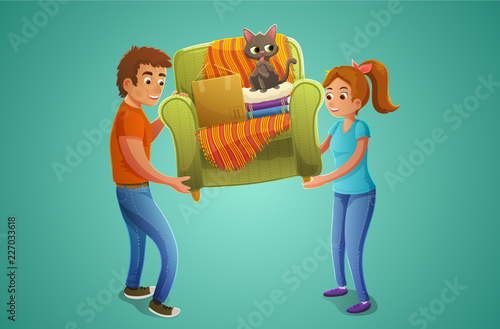 Young couple moving green armchair with cat. Isolated on green background. Vector illustration.
