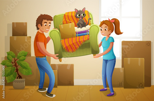 Young couple carrying a green armchair with cat moving into a new house. Background of room with unpacked boxes. Vector illustration.