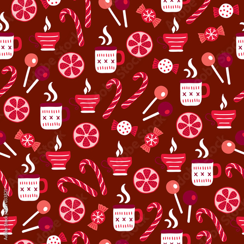 Christmas seamless pattern with lollipop, candy, cup of hot drink