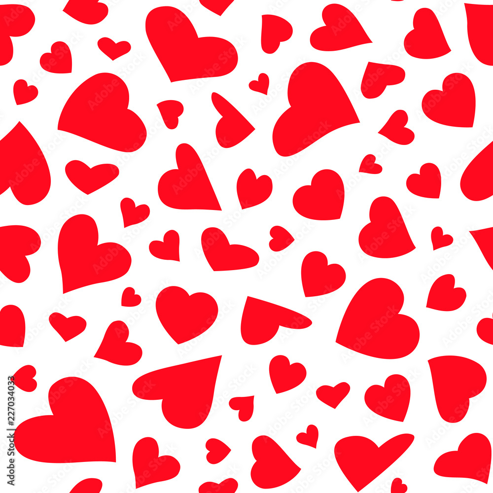 Seamless pattern with flying red hearts on a white background