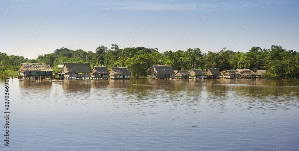 Amazonas landscape. Typical indian tribes settlement in Amazon.