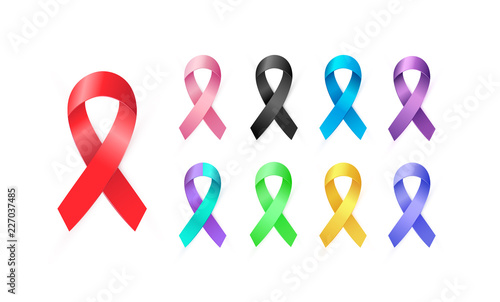 Set of 3d Awareness Ribbons in different colors. Colorful Medical type icon