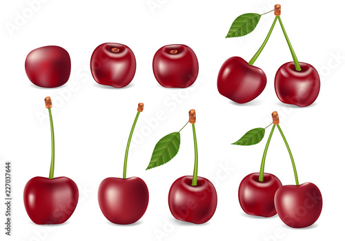 Set of realistic ripe cherry with leaves. Templates for juice, healthy diet and nutrition advertising. Red Cherry isolated on white. 3d Vector illustration