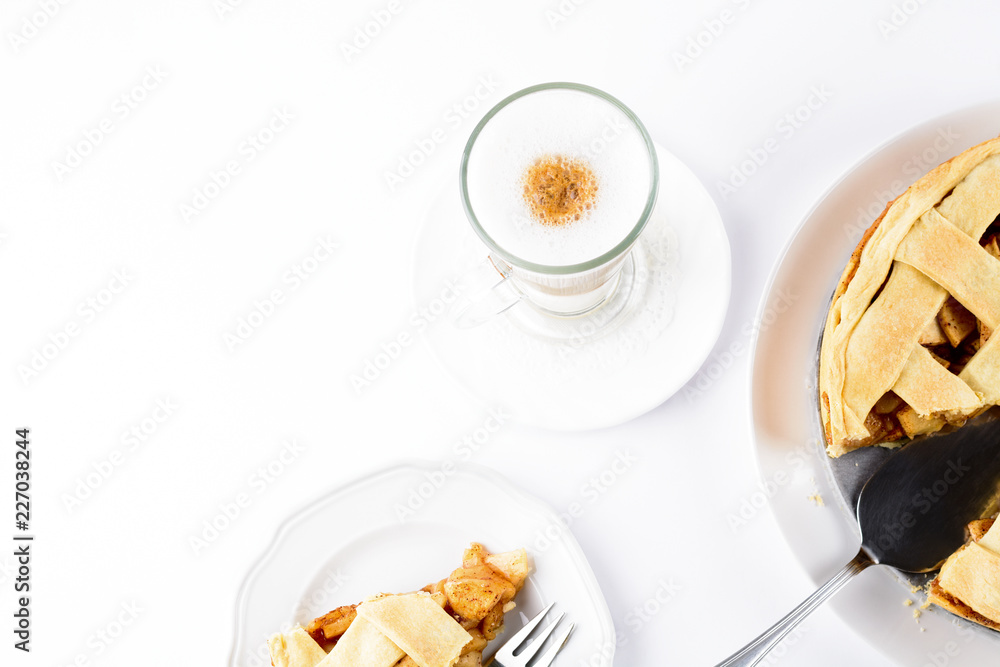 American apple pie with coffee Latte in glass Irish mug isolated on white background American apple pie with coffee Latte in glass Irish mug isolated on white background