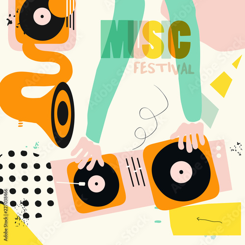 Music colorful background for dj mixing flat vector illustration. Artistic music festival poster, concert, creative design with gramophone and dj mixer. Party flyer
