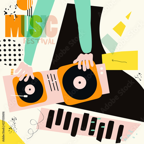 Music colorful background for dj mixing flat vector illustration. Artistic music festival poster, concert, creative design with piano and dj mixer. Party flyer