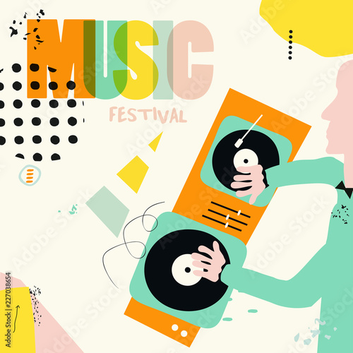 Music colorful background for dj mixing flat vector illustration. Artistic music festival poster, concert, creative design with dj and turntables. Party flyer