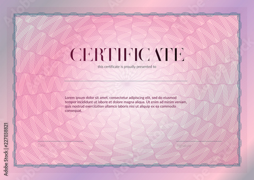Horizontal certificate with guilloche and watermark vector template design. Diploma design graduation, award, success. Award background. Pink Gift voucher without Guilloche pattern rosette .