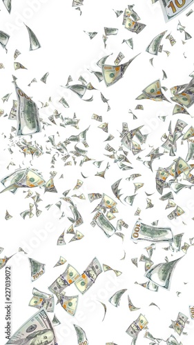 Flying dollars banknotes isolated on a white background. Money is flying in the air. 100 US banknotes new sample. 3D illustration