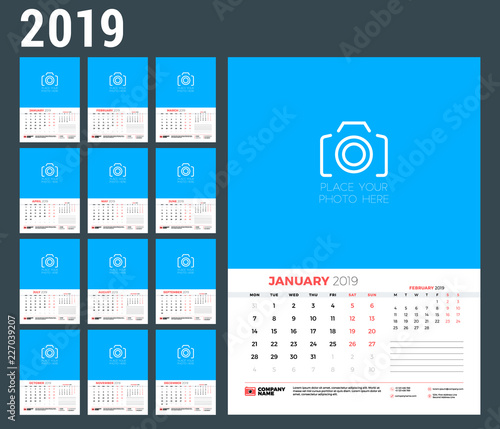 Wall calendar template for 2019 year. Week starts on Monday. Vector illustration