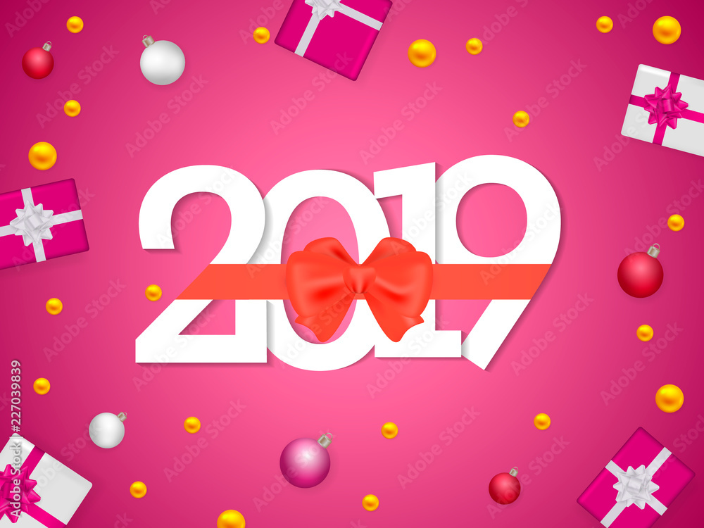 Red bow knotted on a 2019 date. Vector illustration