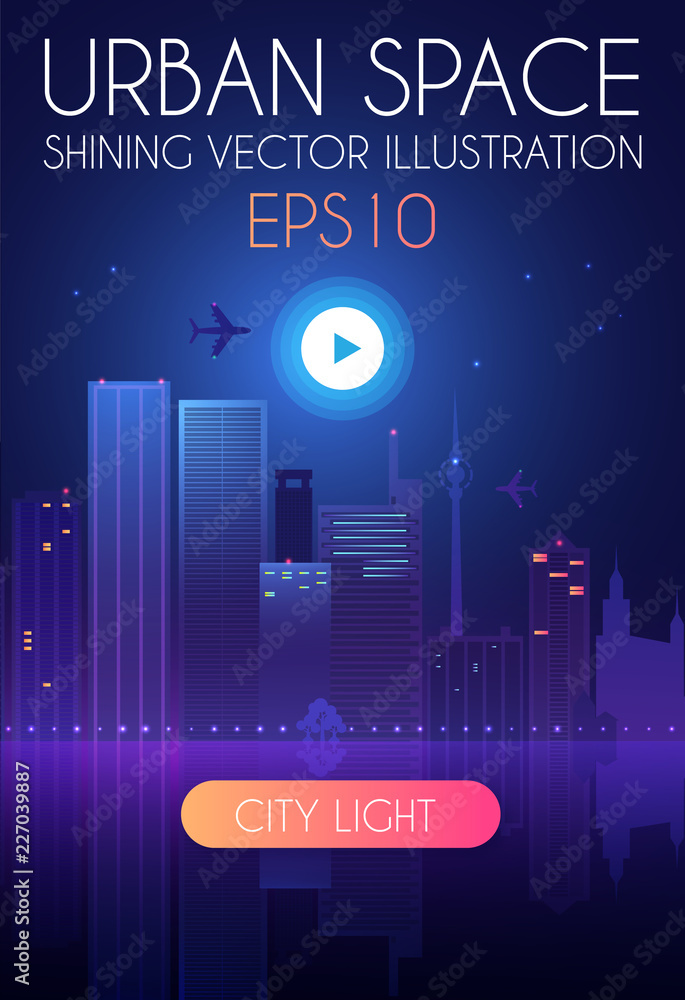 Night City Background with Shining Moon. Urban Lights. Modern Cityscape.