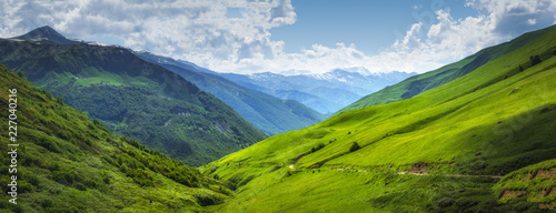 Vibrant mountain landscape. Green meadows on the high hills in Georgia, Svaneti region. Panoramic view on grassy highlands on sunny summer day. Caucasus mountains. Idyllic nature. Alpine valley