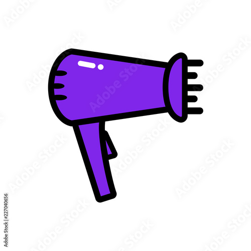 Vector illustration flat icon of professional hair dryer with big brush. Violet with black outline. White background