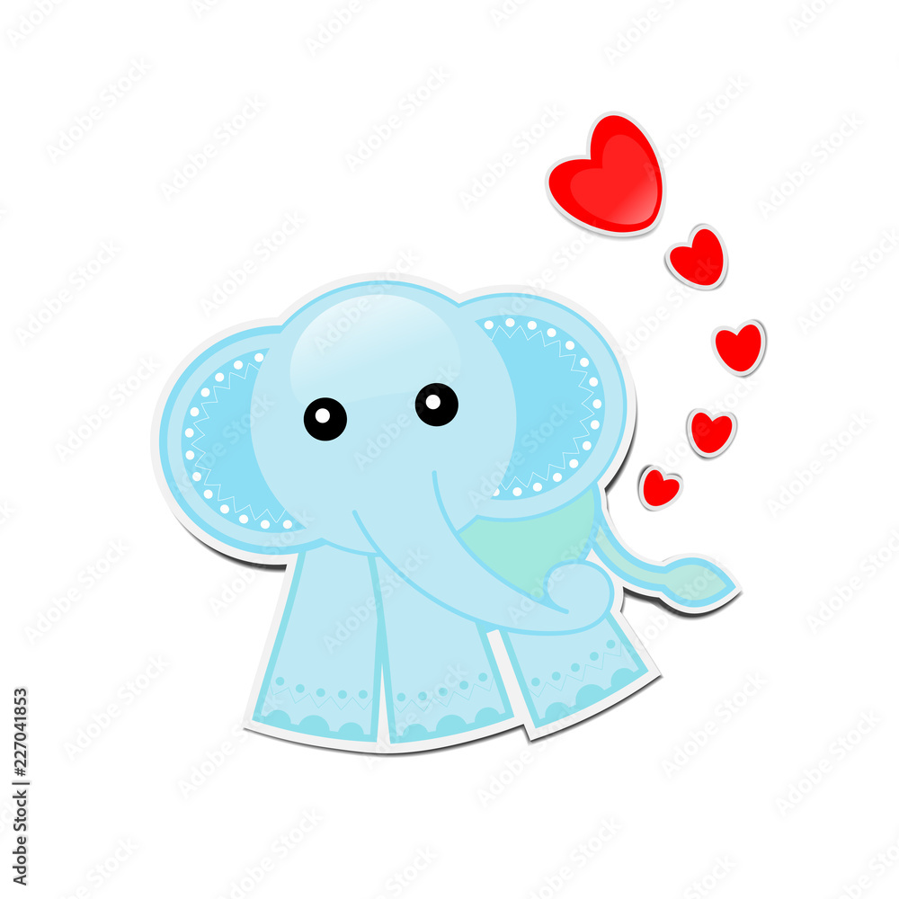 Blue Elephant cartoon with hearts on white