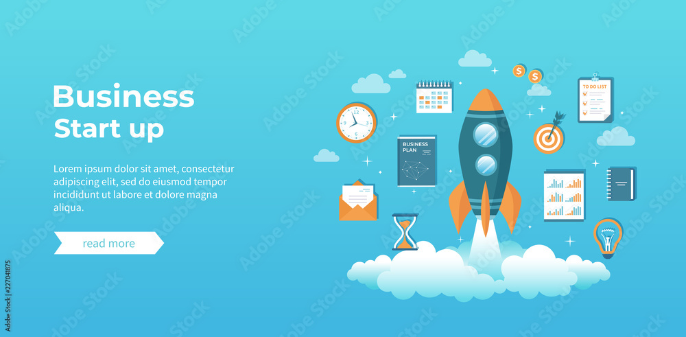 Business project startup, financial planning, idea, strategy, management, realization and success. Rocket launch with documents, business plan, clock, target, money, list, calendar. Vector  banner 
