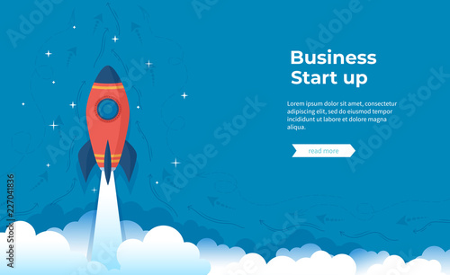 Business project startup, financial planning, idea development process, strategy, management, realization and success. Rocket launch on the clouds and blue sky. Vector banner 