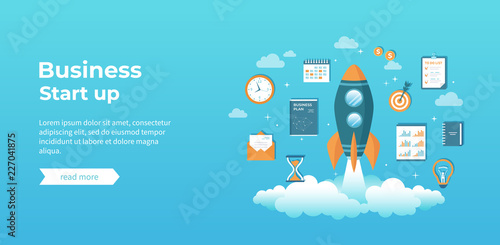Business project startup, financial planning, idea, strategy, management, realization and success. Rocket launch with documents, business plan, clock, target, money, list, calendar. Vector  banner 