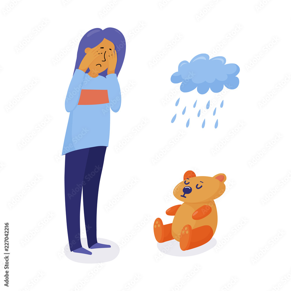 Unhappy, depressed woman, girl standing and crying, head in hands, flat vector illustration isolated on white background. Crying girl, woman, raining cloud and sad teddy bear as symbols of depression Unhappy, depressed woman, girl standing and crying, head in hands, flat vector illustration isolated on white background. Crying girl, woman, raining cloud and sad teddy bear as symbols of depression