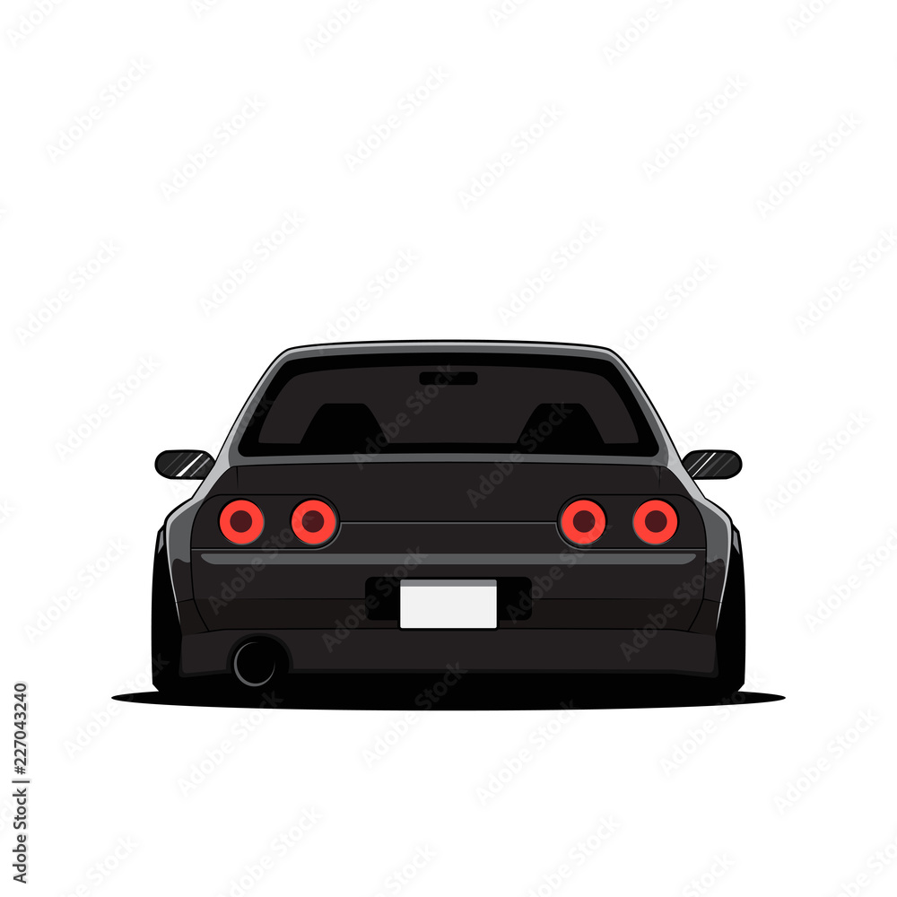 Cartoon japan tuned car isolated. Back view. Vector illustration