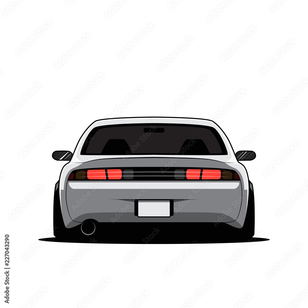 Cartoon japan tuned car isolated. Back view. Vector illustration - obrazy, fototapety, plakaty 