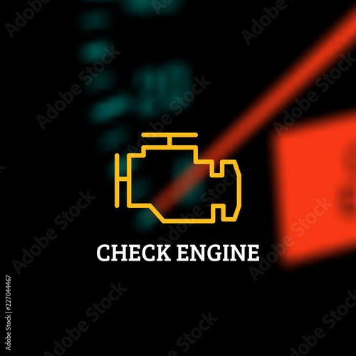 Check engine light on defocused dashboard background. Vector illustration