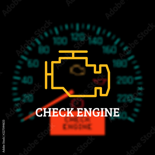 Check engine light on defocused dashboard background. Vector illustration