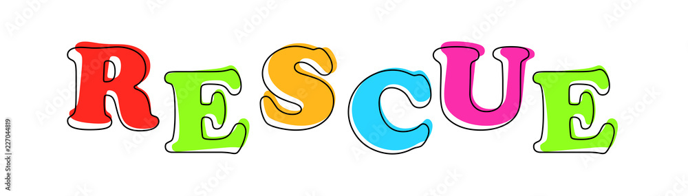 Rescue - multicolored cartoon text on white background Rescue - multicolored cartoon text on white background