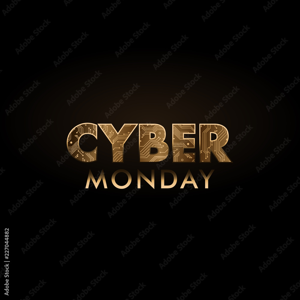 Fototapeta premium Cyber Monday sale technology banner. Board pattern with gold texture. Vector illustration.