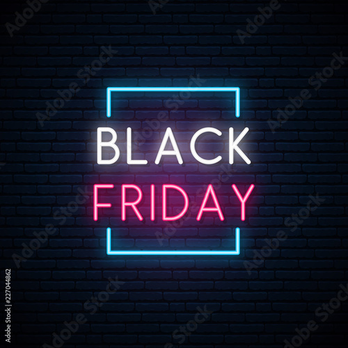 Black Friday neon signboard. Bright sale sign. Vector design template.