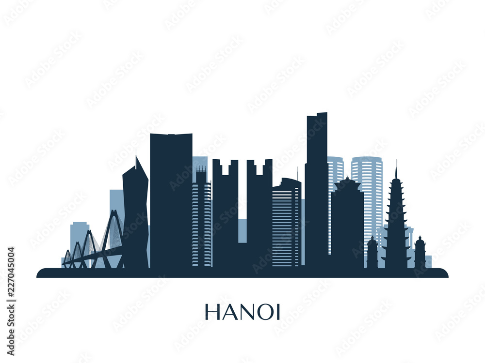 Hanoi skyline, monochrome silhouette. Vector illustration.