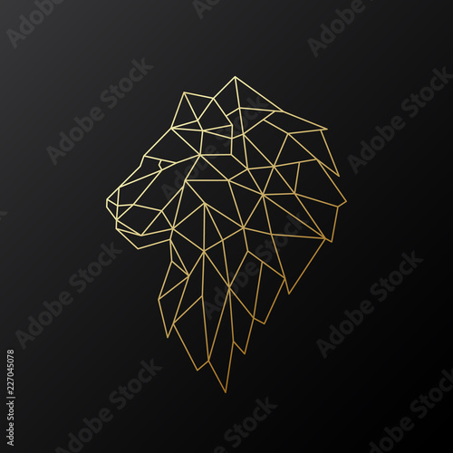 Golden polygonal Lion illustration isolated on black background. Geometric animal emblem. Vector illustration.