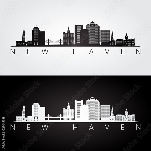 New Haven, USA skyline and landmarks silhouette, black and white design, vector illustration.
