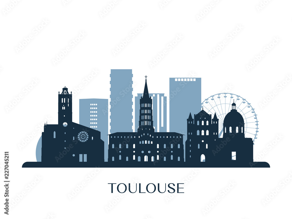 Toulouse skyline, monochrome silhouette. Vector illustration.