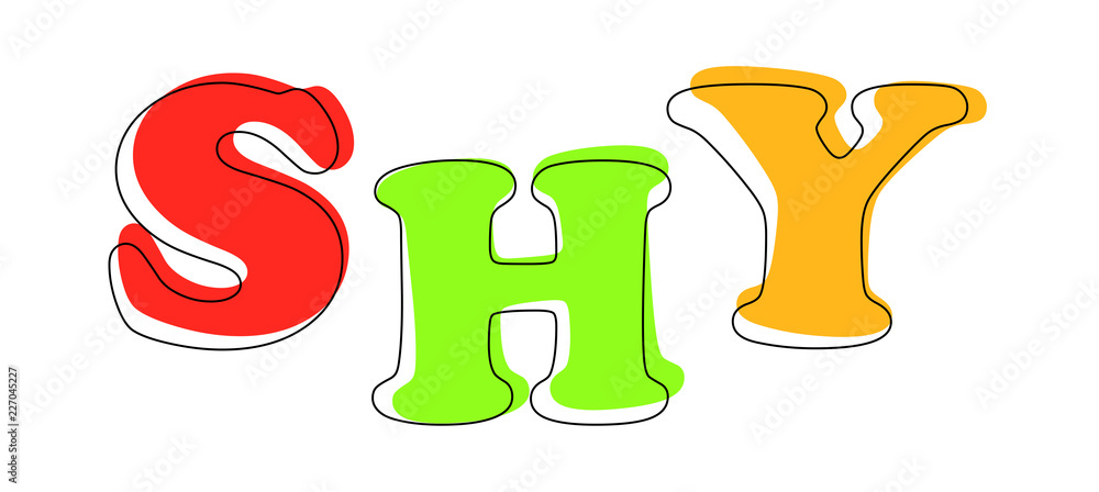 Shy - multicolored cartoon text on white background Shy - multicolored cartoon text on white background